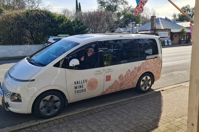 A small tour van parked on a village main street under bare winter trees